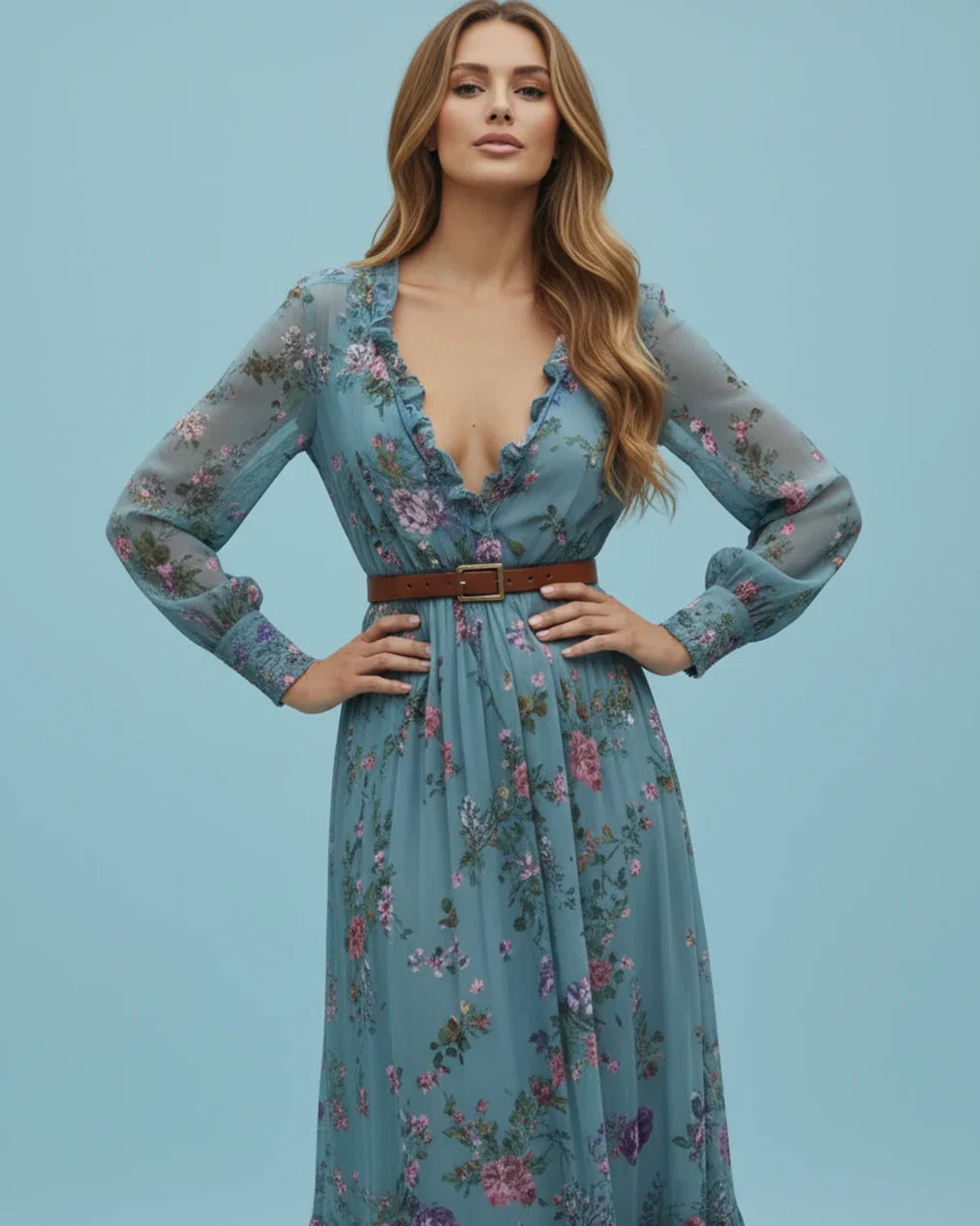 Boho Damen Maxikleid mit Niedrigem V-Ausschnitt und Langarm | Nord Taschen