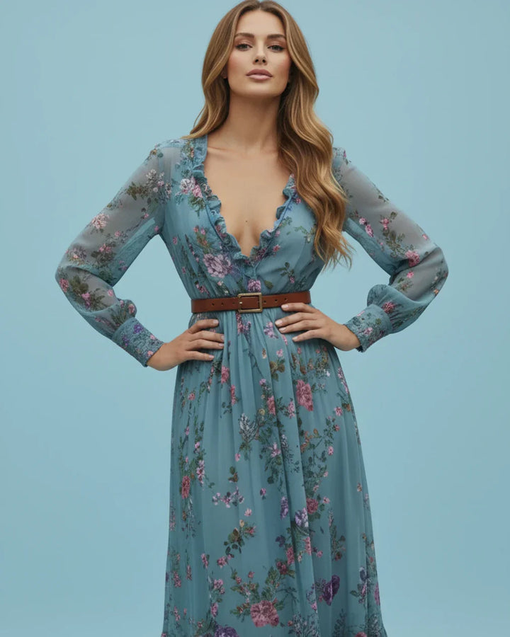 Boho Damen Maxikleid mit Niedrigem V-Ausschnitt und Langarm | Nord Taschen