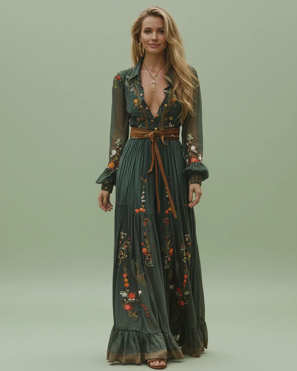 Boho Damen Maxikleid mit Niedrigem V-Ausschnitt und Langarm | Nord Taschen