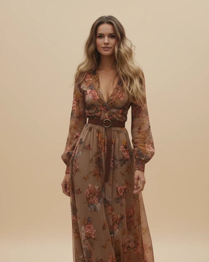 Boho Damen Maxikleid mit Niedrigem V-Ausschnitt und Langarm | Nord Taschen
