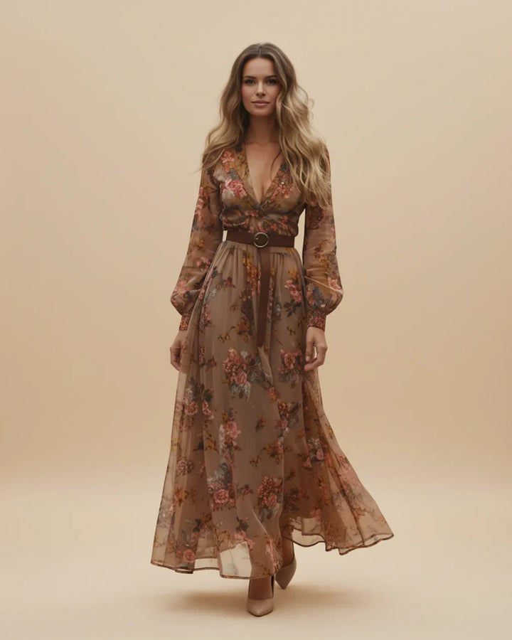 Boho Damen Maxikleid mit Niedrigem V-Ausschnitt und Langarm | Nord Taschen