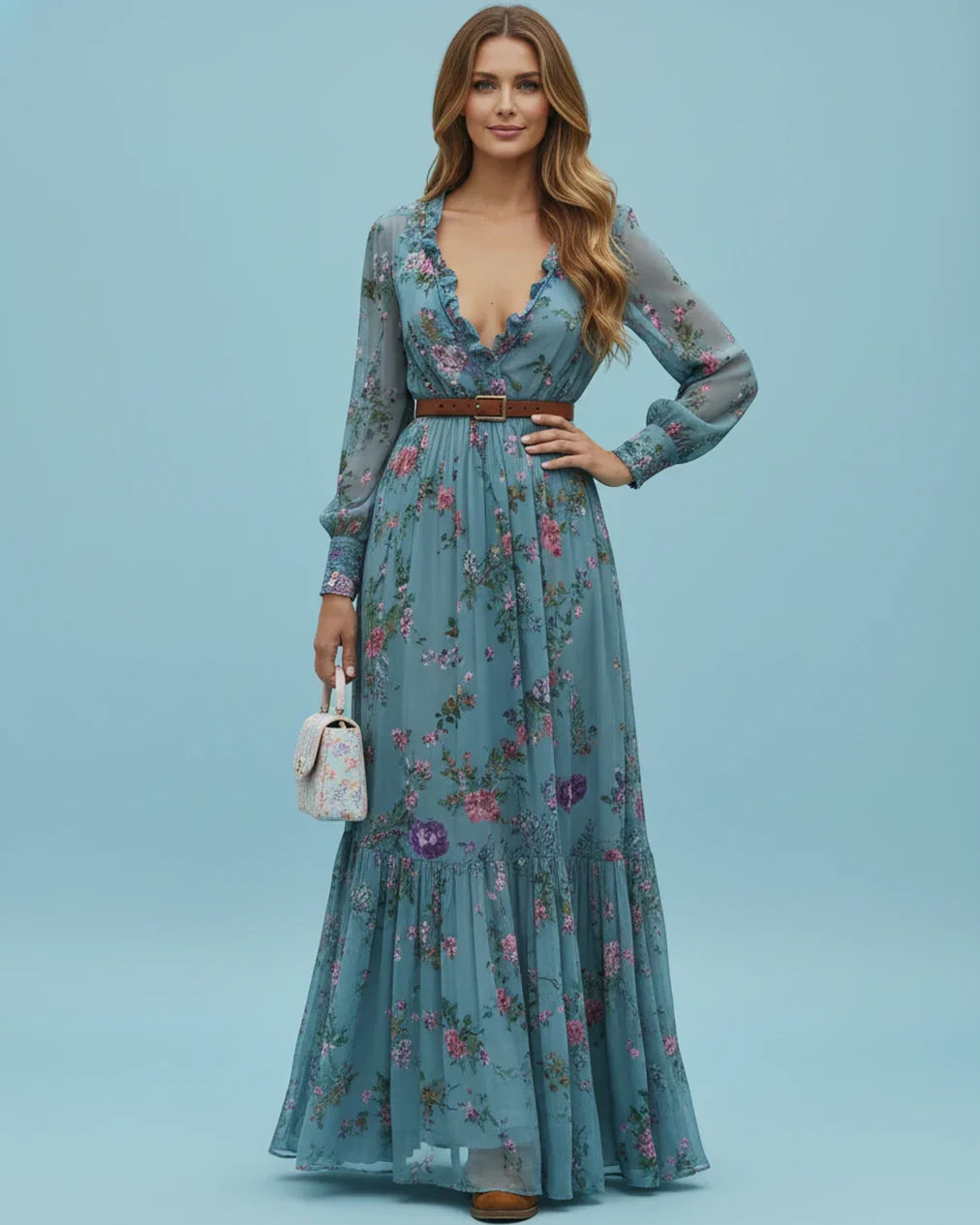 Boho Damen Maxikleid mit Niedrigem V-Ausschnitt und Langarm | Nord Taschen
