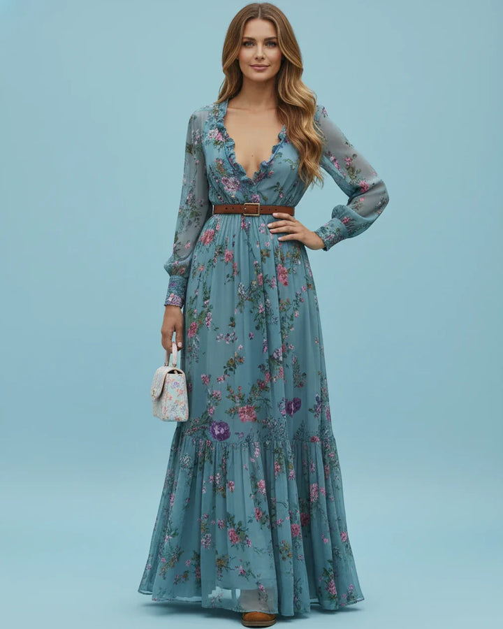 Boho Damen Maxikleid mit Niedrigem V-Ausschnitt und Langarm | Nord Taschen