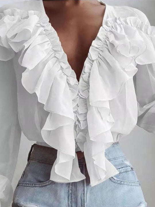 Damenblusen Rüschenter V-Ausschnitt Chiffon Langärmlige Bluse