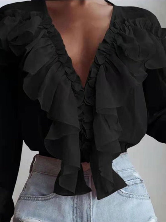 Damenblusen Rüschenter V-Ausschnitt Chiffon Langärmlige Bluse