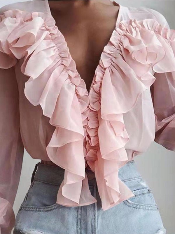 Damenblusen Rüschenter V-Ausschnitt Chiffon Langärmlige Bluse