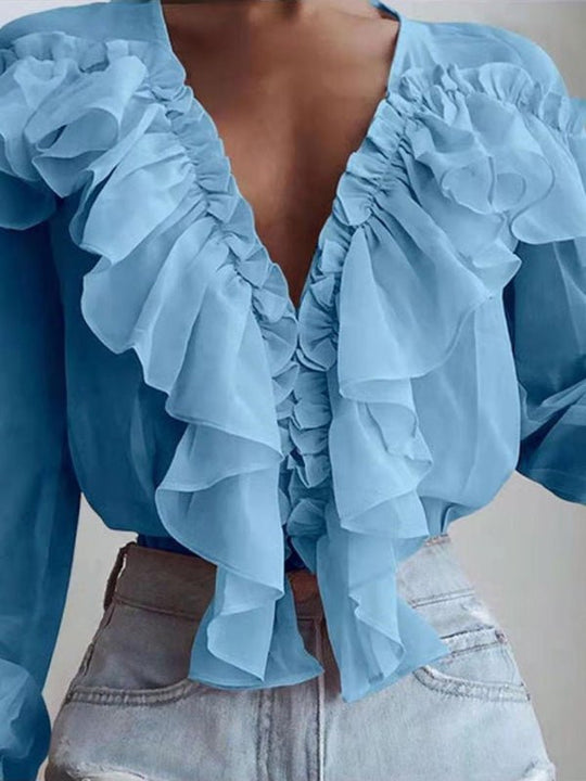 Damenblusen Rüschenter V-Ausschnitt Chiffon Langärmlige Bluse