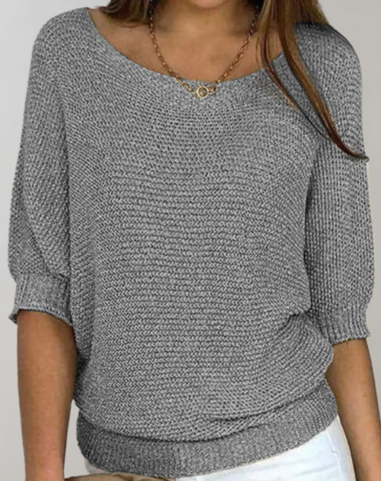 Schöner Taillierter Pullover Mit Rundhalsausschnitt Und Einfachen Mittellangen Ärmeln