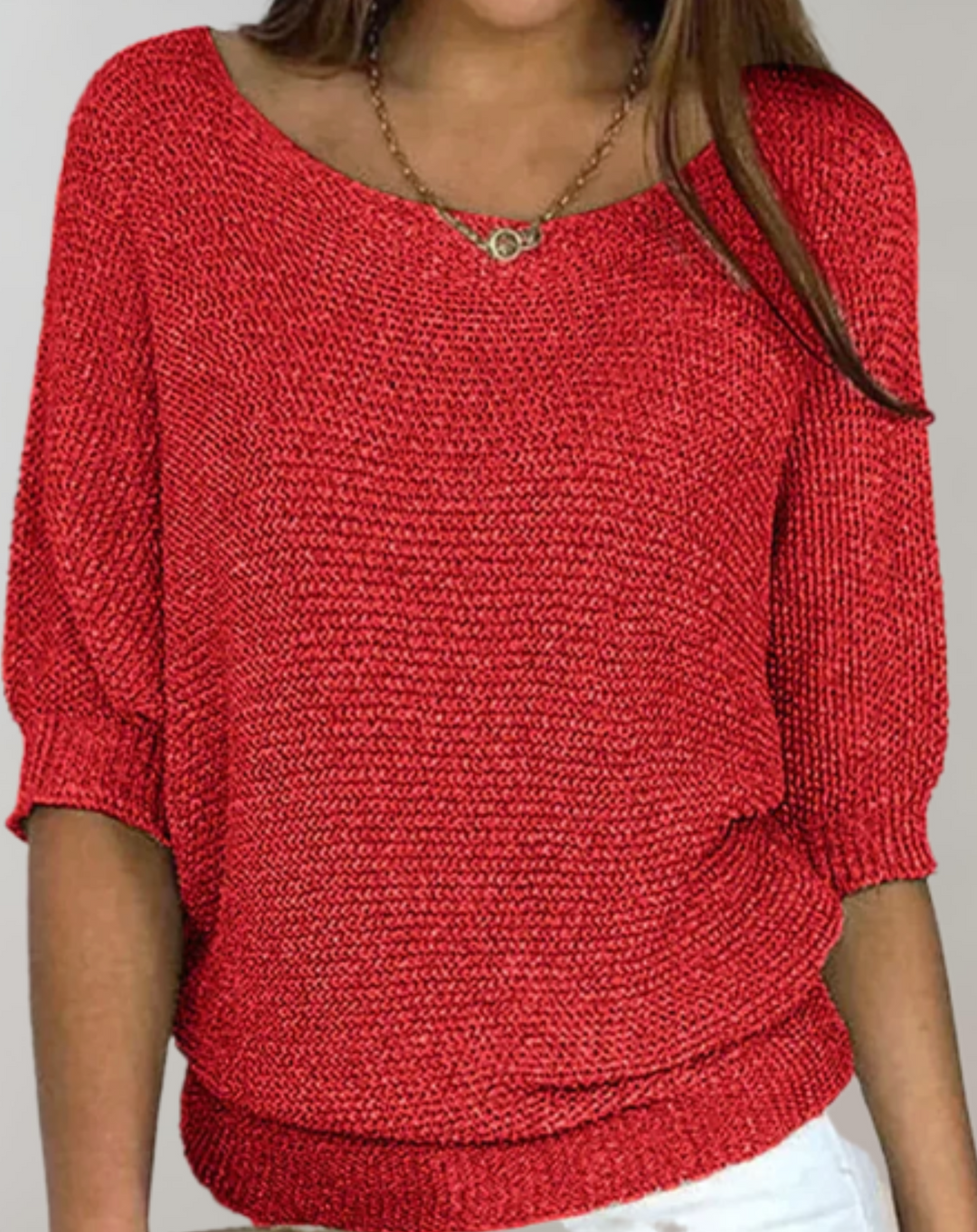 Schöner Taillierter Pullover Mit Rundhalsausschnitt Und Einfachen Mittellangen Ärmeln